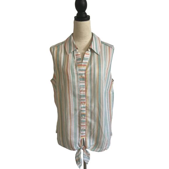 NEW Foxcroft NYC Lila Tie Front Sleeveless Shirt Blouse Button Down Multicol 14W - Picture 2 of 6
